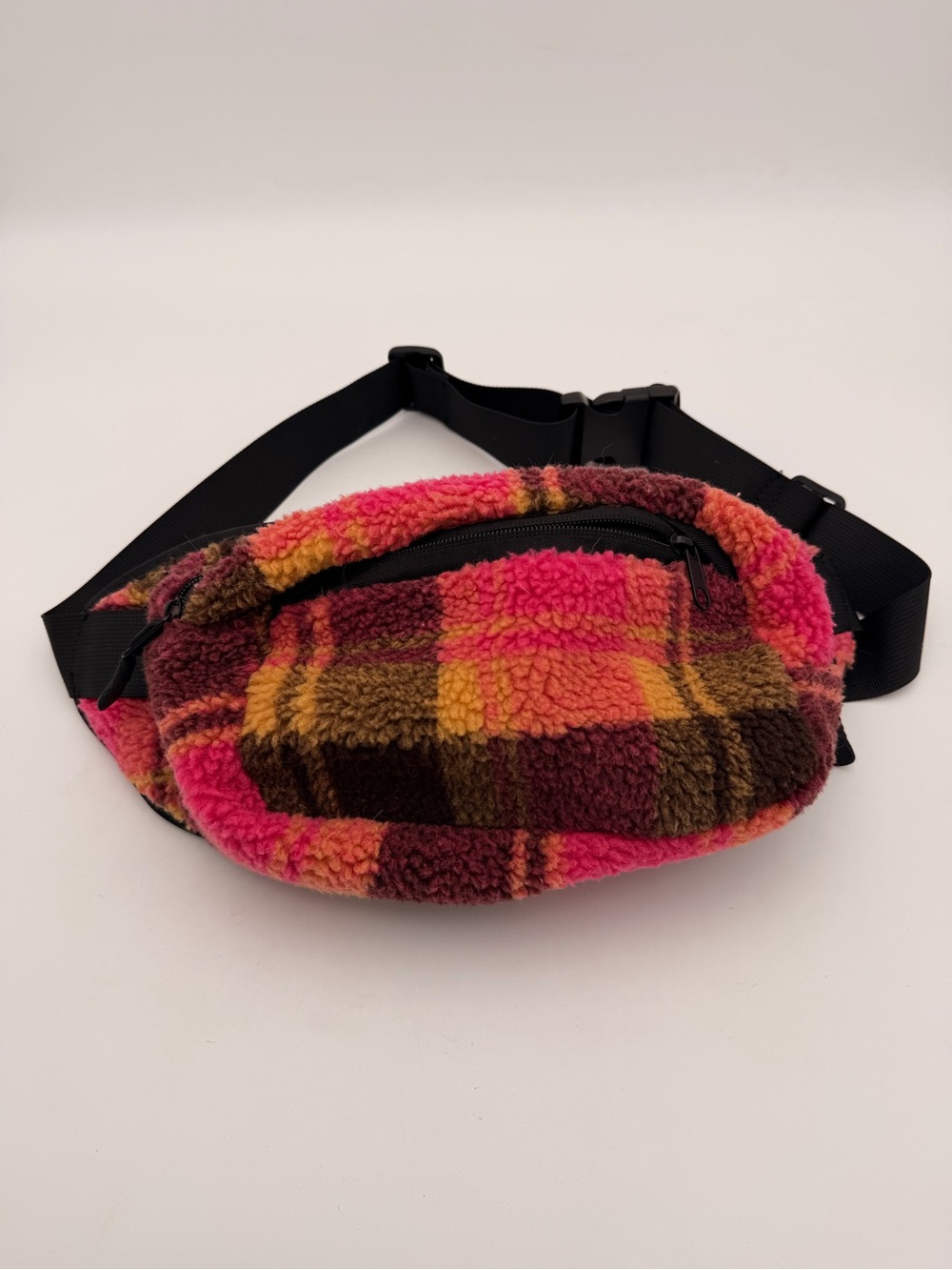 No Boundaries Pink Plaid Sherpa Crossbody Belt Bag